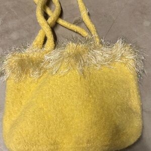 Michelle Thompson Hand Knit Yellow Fuzzy Shoulder Bag with Braided Straps